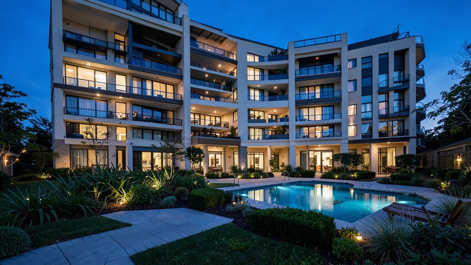 Fachada de edifício residencial moderno com áreas comuns