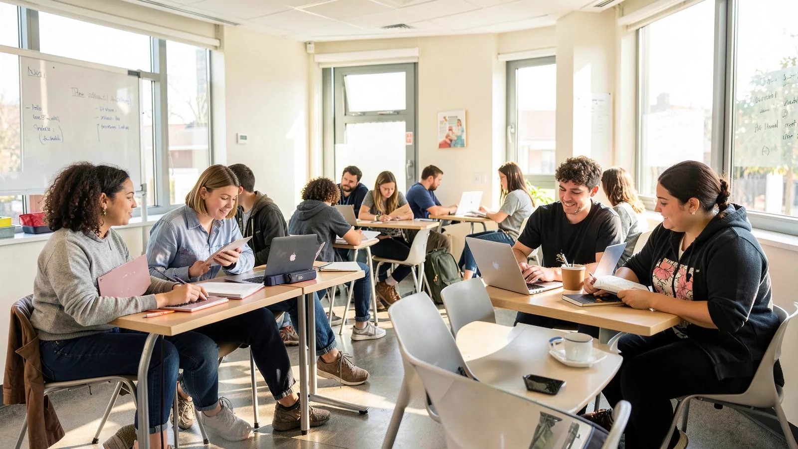Estudantes em sala de aula moderna e iluminada