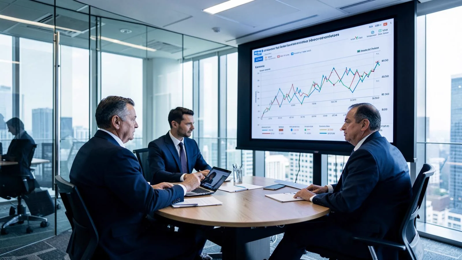 Profissionais analisando indicadores financeiros em sala de reunião